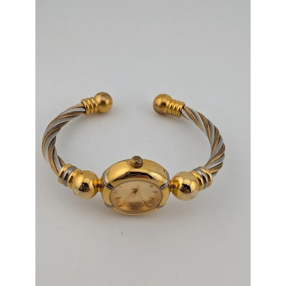 Women's 23K Gold Plated Bangle Watch 23mm Case Twisted‎ Metal Band- New Battery